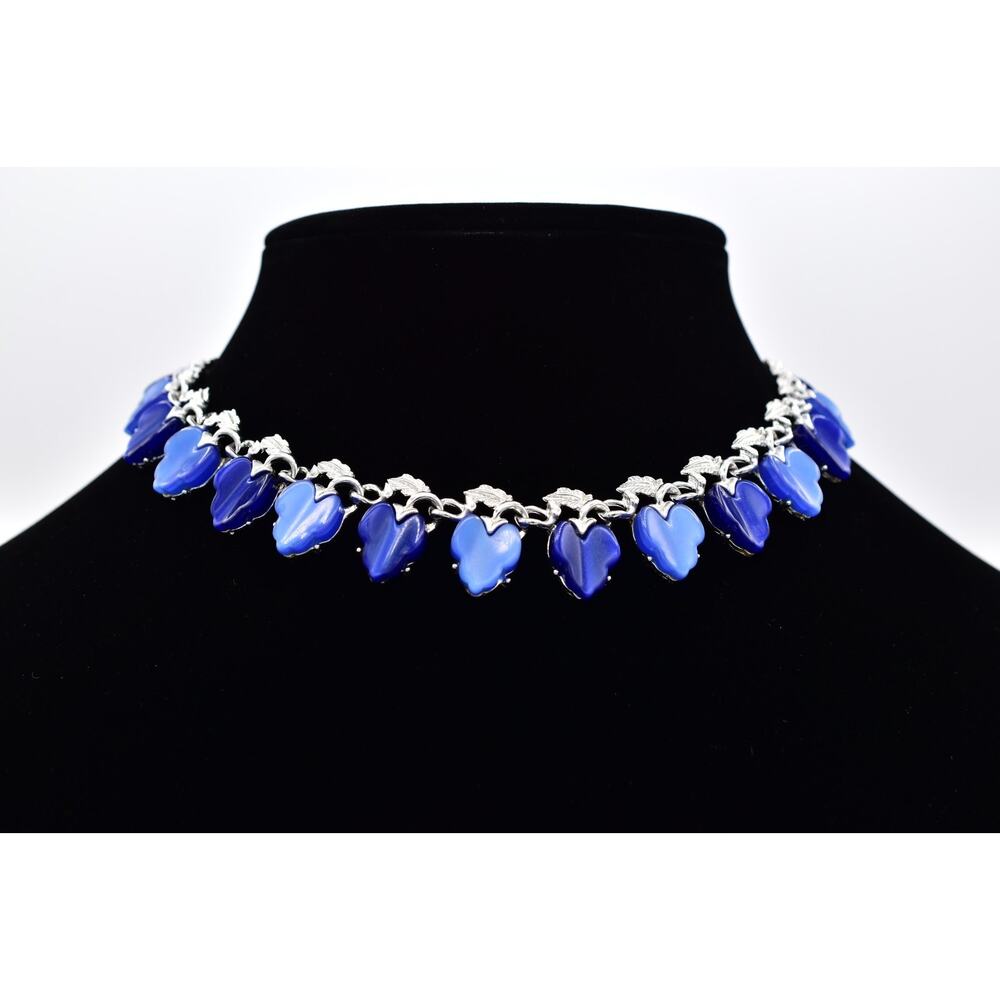 Vintage Blue Lucite Leaf Necklace Silver Statement Choker Link Floral 1950s BinG